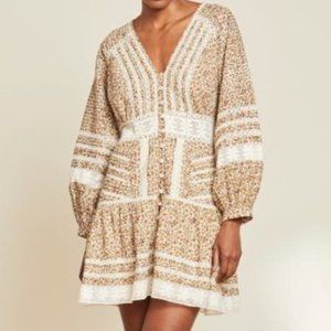 Veronica Beard NWT Addilyn Floral Peasant Dress Lace Trim Button Front Tan 8